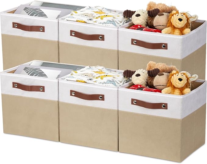 HNZIGE Cube Storage Organizer Bins,Shelf Fabric Storage Bin 11 x 11, 6 PCS Canvas Linen Organizers Bins,Decorative Storage Cube Bin for Storage Blanket Home, Office(White Beige)