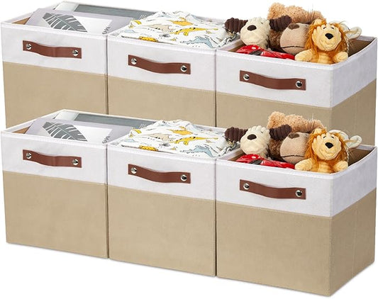 HNZIGE Cube Storage Organizer Bins,Shelf Fabric Storage Bin 11 x 11, 6 PCS Canvas Linen Organizers Bins,Decorative Storage Cube Bin for Storage Blanket Home, Office(White Beige)