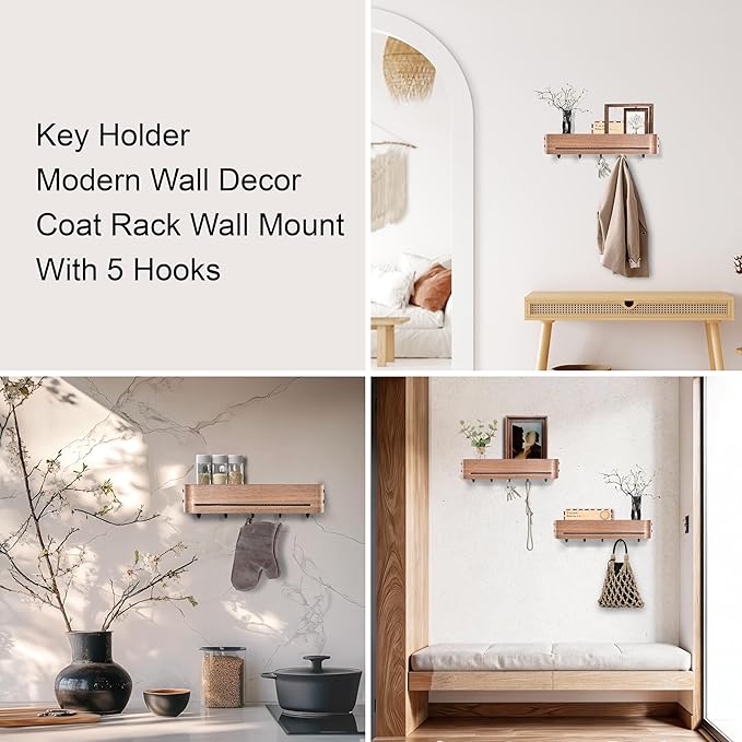 Modern Key Holder Wall Mount with 5 Retractable Hidden Hooks,Heavy Duty Coat Rack Wall Mount,Finland-Designed Entryway Organizer,17 inch,for Entryway,Living Room,Kitchen,Hallway,Walnut