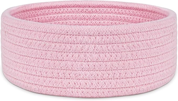 ABenkle Small Woven Basket, Empty Tiny Shallow Storage Baskets, Mini Cotton Rope Baskets, Round Decorative Hamper, Basket Storage Bins for Toys, Spa, Socks, Nursery, Living Room- Pink