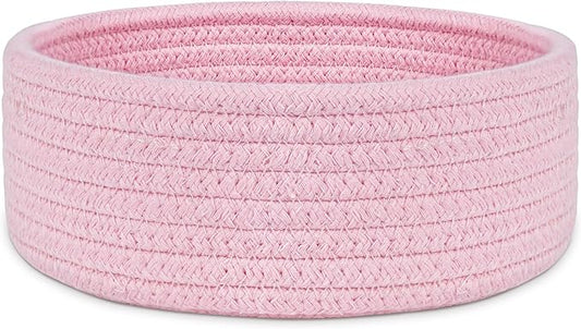 ABenkle Small Woven Basket, Empty Tiny Shallow Storage Baskets, Mini Cotton Rope Baskets, Round Decorative Hamper, Basket Storage Bins for Toys, Spa, Socks, Nursery, Living Room- Pink