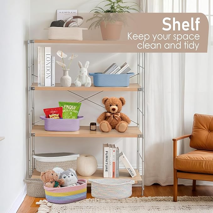 Woven Basket,Small Rope Storage Bin with Handles & Ribbon Bag, Organizer for Shelves Closets,Gift Basket Empty for Birthday,Books,Dog Toys, Rainbow