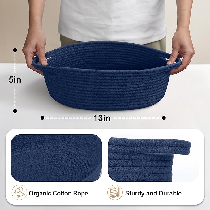 Dark Blue Small Woven Basket, 13â x 9â x 5â Baskets for Gifts Empty, Cotton Rope Gift Basket, Cute Nursery Baby Organizer, Cat Dog Toy Box, Oval Wicker Storage Bin with Handle