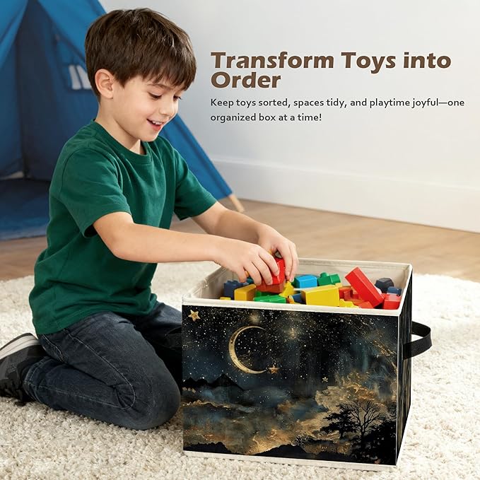 Mystical Crescent Moon Star Celestial Storage Box Bins, Moody Starry Night Sky Collapsible Storage Basket Organizer for Bedroom Laundry Room Home Clothes Toys Books, Toybox for Kids