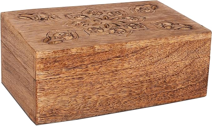 Mela Artisans Wooden Keepsake Box | Burnt Mango Wood Memory | Photo Storage Box with Hinged Lid | Decorative Storage Box | Mediumc | 7.5x4.5x3 Inch