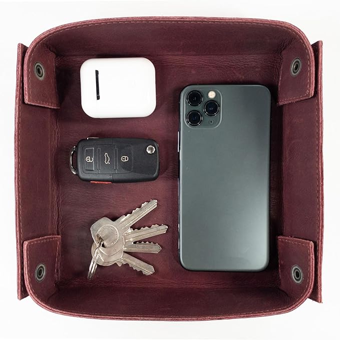 Hide & Drink, Leather Catchall Change Keys Coins Jewels Box Tray Big Storage, Handmade Includes 101 Year Warranty :: Sangria