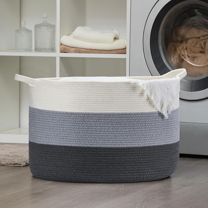 XXXLarge Woven Cotton Rope Basket (21.7" x 13.8") 90L – Blanket Basket for Living Room, Laundry Hamper, Baby Laundry Hamper, Toy Storage, Pillows & Cushions Organizer (White & Blue)