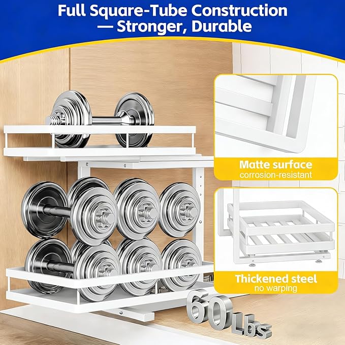 Under Sink Organizer, Dual-Rail Ball-Bearing, Under Kitchen Sink Organizer, 6-Level Adjustable, Under Cabinet Organizer, No-Drill Adhesive/Suction, Under Sink Storage (white, 2-pack)