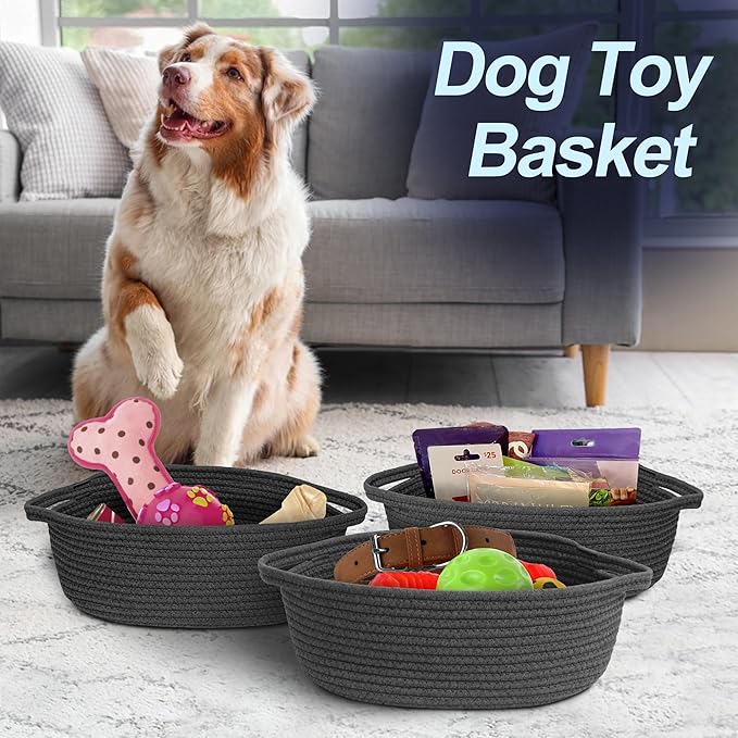 Small Rope Basket, Baskets for Gifts Empty, Cute Woven Basket for Dog Toy, Cat Toy Bin Box, Wicker Organizing Basket for Book, Baby Diaper, Towels, Snack, 13â x 9â x 5â, Dark Gray