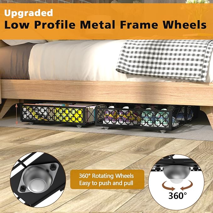 NADAMOO Large Under Bed Storage with Wheels, Low Profile Rolling Under Bed Storage Containersï¼Foldable Metal Under the Bed Organizer Bins for Bedroomï¼2 Packs