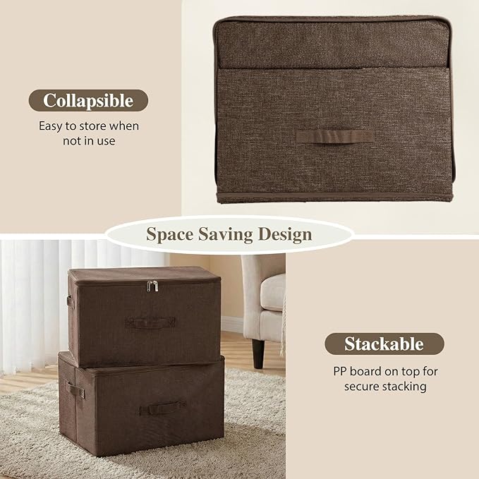ANMINY Storage Bins with Zipper Lid Storage Boxes with Handles PP Plastic Board Foldable Lidded Cotton Linen Fabric Home Cubes Baskets Closet Clothes Toys Organizer Containers - Coffee, Medium Size