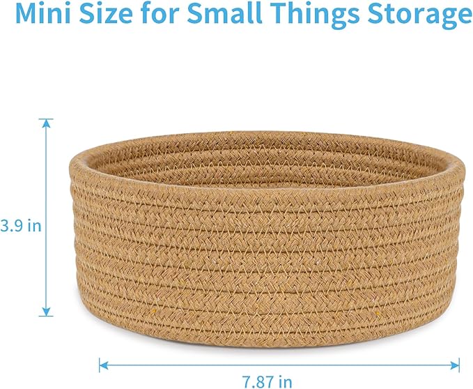 ABenkle Small Woven Basket, Empty Tiny Shallow Storage Basket, Mini Cotton Rope Baskets, Round Decorative Hamper, Basket Storage Bins for Toys, Spa, Socks, Nursery, Living Room- Brown