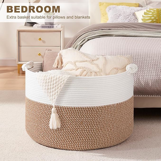 XXL Large Blanket Storage Basket for Living Room, 105L Woven Cotton Rope Basket with Handles, Baby Toy Storage, Laundry Hamper for Clothes, Pillows, Towels-Yellow and White