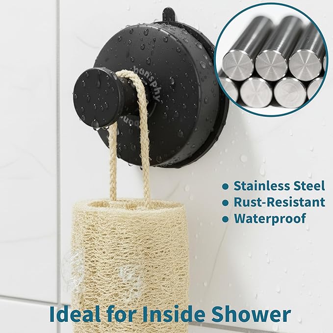 Suction Cup Hooks for Shower Heavy Duty, Black Towel Hangers for Bathrooms/Shower/Door/Glass Window/Tile, Hooks for Walls No Damage Hanging Robe Bath/Loofah/Coat/Wreath - Removable, 2 Pack