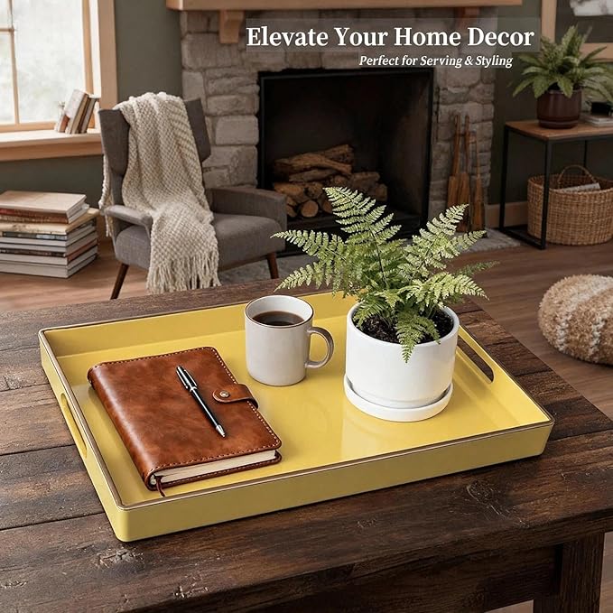 Zosenley Decorative Tray, Rectangular Plastic Tray with Handles, Modern Vanity Tray and Serving Tray for Bathroom, Kitchen, Ottoman and Coffee Table, 15.6â x 10.2â (Light Yellow)