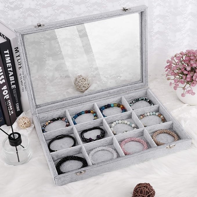 Emibele Jewelry Organizer Bracelet Storage Tray Box, 12 Grids Jewelry Tray with Clear Lid Velvet Jewelry Box for Necklace Bracelets Bangles Display Storage Organizer Box, Grey