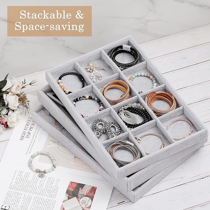 Emibele Bracelets Organizer Jewelry Tray, 12 Grids Velvet Tray Storage for Watches Rings Earrings, Stackable Jewelry Drawer Organizer Showcase Display Trays with Detachable Inner Dividers, Grey
