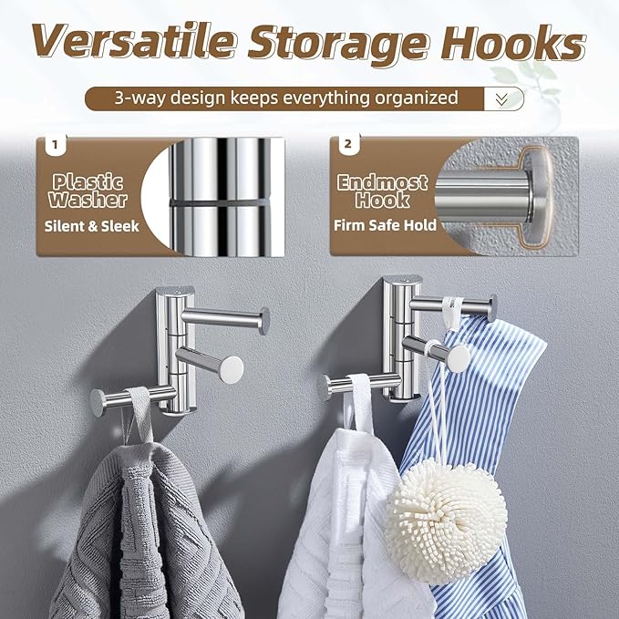 APLusee Swivel Towel Hooks Polished Chrome, 304 Stainless Steel 3 Arms Foldable Bathroom Robe Towel Hook, Shower Coat Hook, Wall Kitchen Holder, 2 Pack