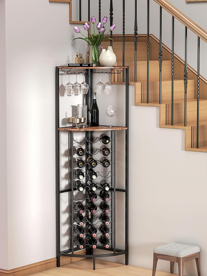 Corner Wine Rack with Led Strip Light Freestanding Floor with Wine Glass Holder 30 Bottle Wine Holder Rack Industrial Corner Liquor Cabinet Bar for Home Bar Kitchen Living Room (Rustic Brown)