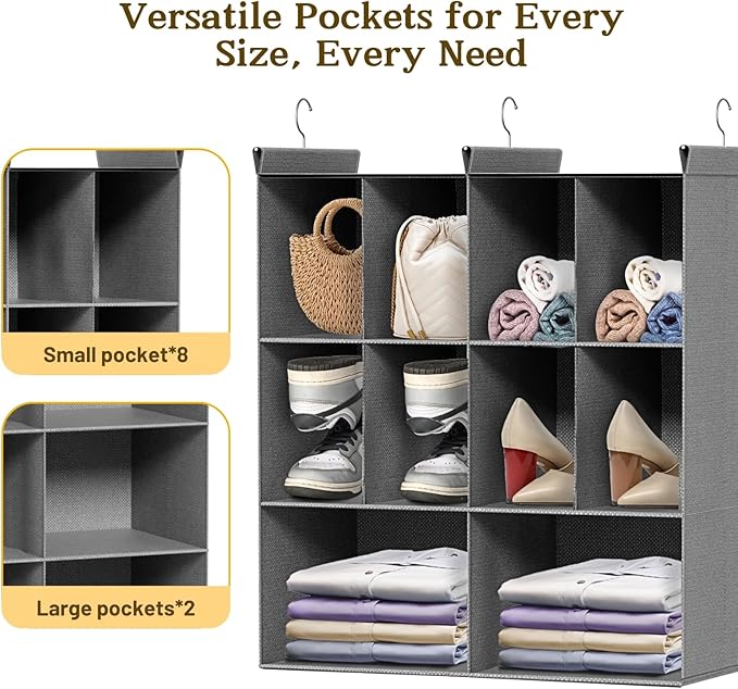 Ofiray-home 3 Tier Hanging Closet Organizer, 10 Compartments Sweater Organizer for Closet with 3 Sturdy Hooks, Closet Organizers and Storage, Wardrobe, Rv, Garment Rack, Grey