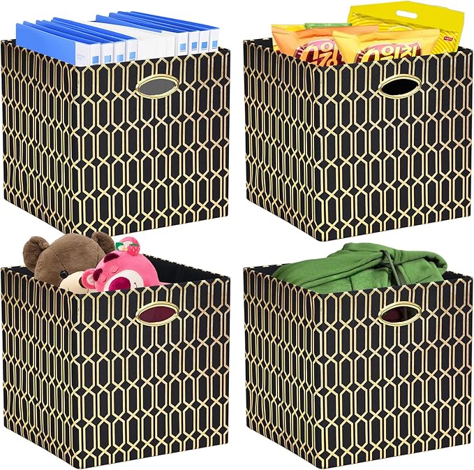 Posprica Storage Bins, Storage Cubes,13Ã13 Fabric Drawers Organizer Basket Boxes Containers (13Ã13Ã13/4pcs, Black/gold geometry Pattern)