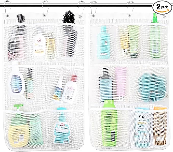 Cruise Essentials Must-Have Shower Caddy, Quick-Dry Mesh Hanging Bathroom Organizer with 7 Pockets, Portable Toiletry Bag for Travel, RVing & Camping, White, 17 Inch by 26 Inch, White, 2 Pack