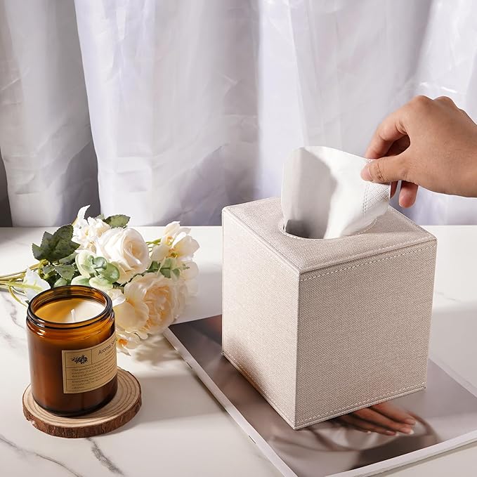Square Tissue Box Cover Holder - Premium PU Leather Decorative Cube Facial Napkin Dispenser - Magnetic Bottom for Bathroom Vanity Bedroom Nightstand Office Desk (Cream White)