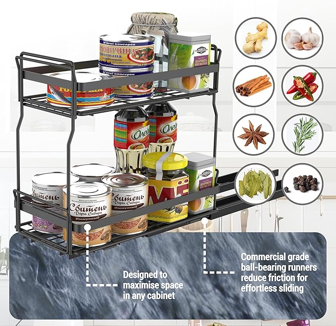 Pull Out Spice Rack Organizer for Inside Kitchen Cabinets, Heavy Duty Slide Out Seasoning Kitchen Organizer, 2 Tier Vertical Sliding Seasoning Organizer, 10.5" D x 5.1" W x 9.6" H