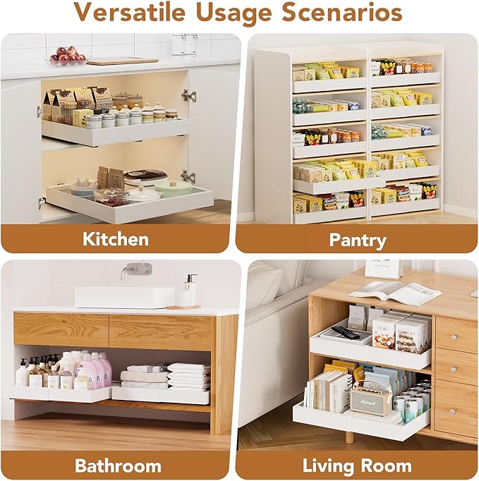 1 Pack Pull-Out Cabinet Organizer, 21" Deep, Expandable (12.2"-20.3"), Slide-Out Drawer for Kitchen Cabinet with 2 Cleaning Cloths, Roll-Out Shelf for Pantry, Bathroom, 3 Slide Rails, White
