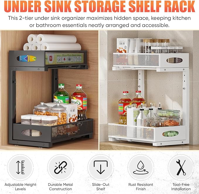2Pack Under Sink Organizer 2 Tier Kitchen Spice racks and Storage – Pull Out Cabinet Organizer for Cleaning Products, Pantry Organization(White)