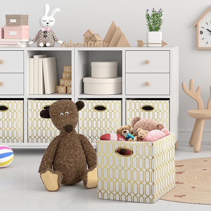Posprica Storage Bins, Storage Cubes,13Ã13 Fabric Drawers Organizer Basket Boxes Containers (13Ã13Ã13/4pcs, Cream/gold geometry Pattern)