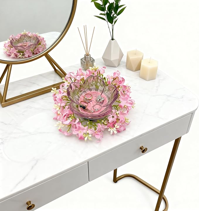 Mini Flower Ring Plate Jewelry Storage Tray Ring Holder for Dressing Table, Bedside Table, Room Bathroom Decoration, Cute Valentine's Day Christmas Birthday Gift for Women (pink flower)