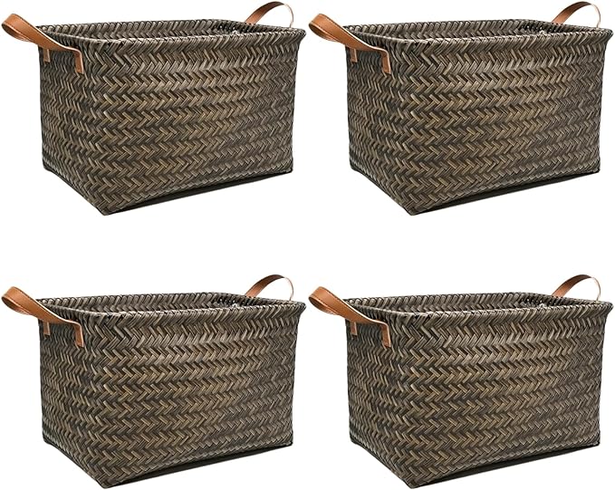 GIB Large Wicker Storage Baskets for Shelves, Woven Laundry Basket for Organizing Clothes Blanket Basket, Decorative Rectangular Closet Organizers Storage Bins with Handles, Black/Dark Gray, 4 Pack