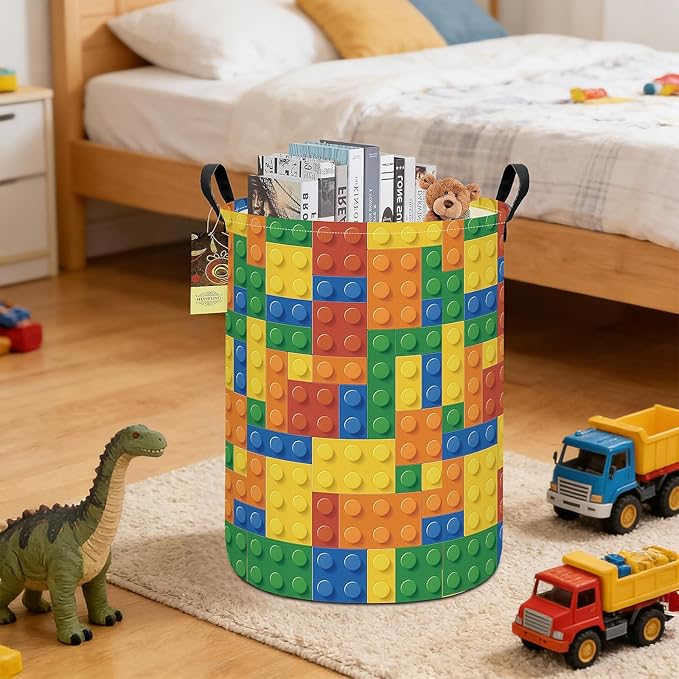 HUNRUNG Laundry Hamper,Large Canvas Fabric Lightweight Storage Basket Toy Organizer Dirty Clothes Collapsible Waterproof for College Dormsï¼Round-Colorful Blocksï¼