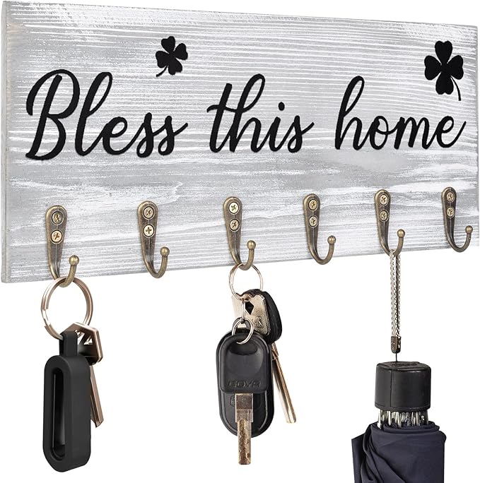 Key Holder Wall Mount with Words “Bless This Home”, Rustic Wooden Key Hanger with 6 Hooks for Farmhouse Home Entryway Living Room Decor - Light Grey