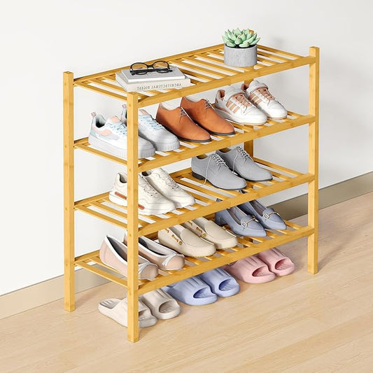 Smiry Bamboo Shoe Rack for Closet, 4 Tier Wooden Stackable Shoe Organizer, Free Standing Shoes Storage Shelf for Entryway, Front Door Entrance, Natural