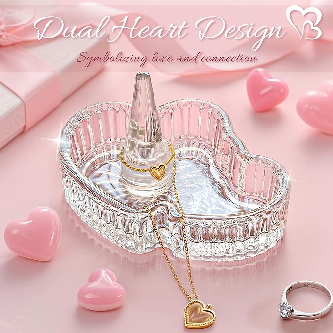 kanpura Double Heart Shape Decorative Ring Tray Crystal Glass Trinket Tray Jewelry Dish Organizing Necklace Earrings Birthday Mother's Day Gifts for Mom Best Friend Sister, Clear