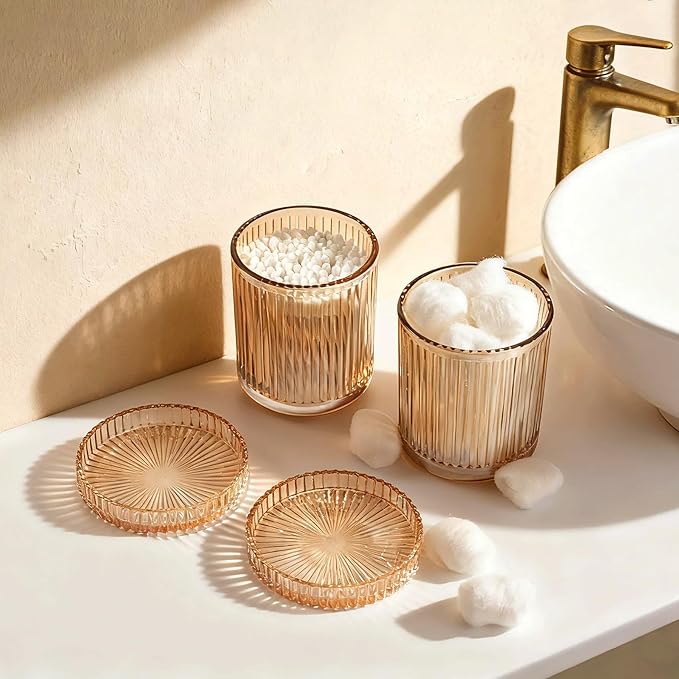 Qtip Holder for Bathroom set of 2,Bathroom Canisters with Lids,Clear Glass Apothecary Jars for Cotton Balls,Swabs,Floss Picks,Hair Ties,Vanity Organizer and Storage,Vintage Home Decor (Amber)