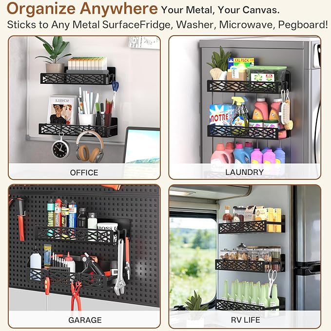 4 Pack Magnetic Spice Rack for Refrigerator, Heavy Duty Metal Magnetic Fridge Spice Rack Organizer with 4 Hooks, No Drilling Rustproof Spice Storage for Kitchen Organization,11LB Load Capacity