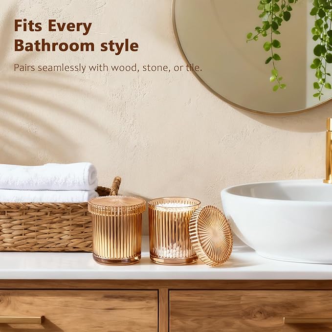 Qtip Holder for Bathroom set of 2,Bathroom Canisters with Lids,Clear Glass Apothecary Jars for Cotton Balls,Swabs,Floss Picks,Hair Ties,Vanity Organizer and Storage,Vintage Home Decor (Amber)