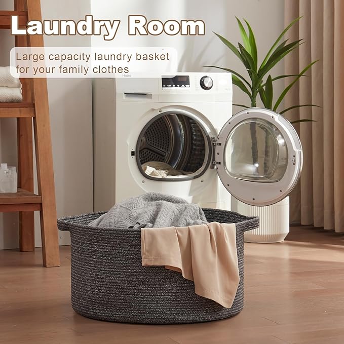 Large Woven Baskets for Storage, 22.8" x 22.8" x 13" Blanket Storage Living Room, Baby Toy Basket for Clothes, Pillows, Towels, Shoe Basket for Entryway (Dark Grey)