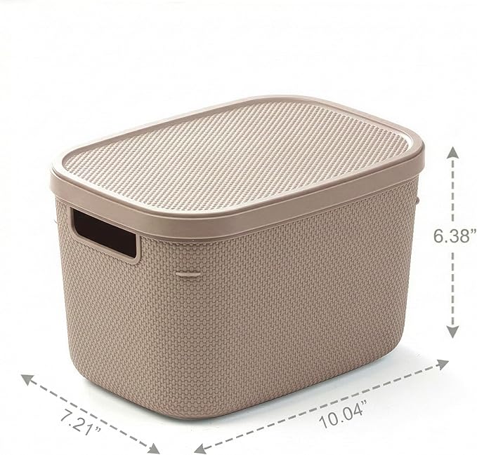BINO | Plastic Storage Bins with Lids, 5.5 Liter - 3 Pack, Taupe | THE TWILL COLLECTION | Plastic Bins for Organization | Woven Storage Baskets for Organizing | Pantry Shelf Organizer Basket Bin