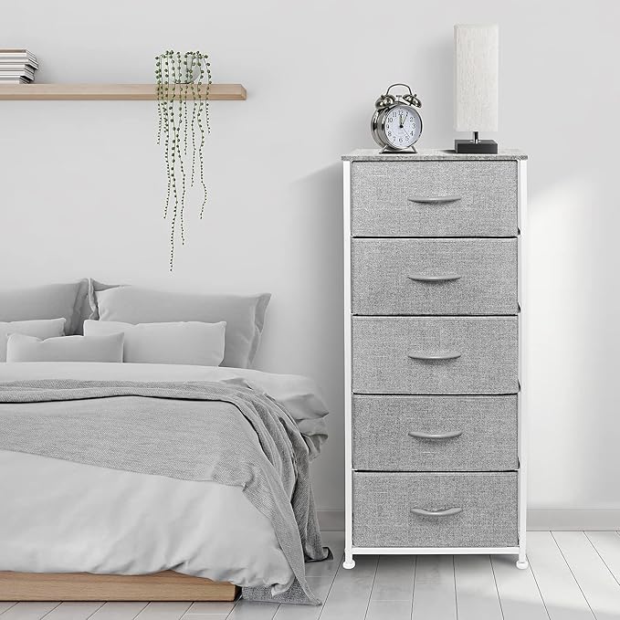 Sorbus Nightstand with 5 Drawers - Bedside Furniture & Night Stand End Table Dresser with Steel Frame, Wood Top, Easy Pull Fabric Bins for Home, Bedroom Accessories, Office & Dorm