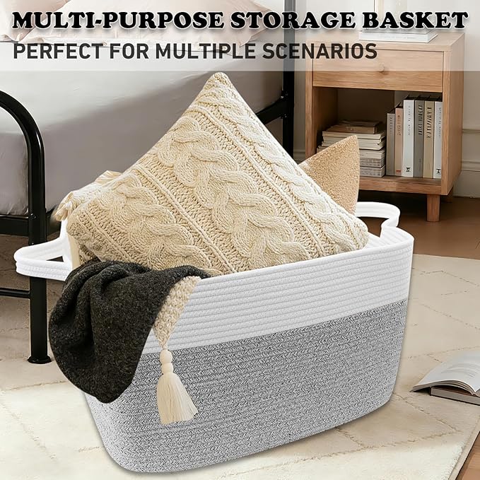 Magazine & Newspaper Baskets,Large Woven Rope Blanket Basket,24"x16"x15"Storage Bin with Handle,Toys Storage,Laundry Basket for Home Organization/Living Room/Nursery/Bedroom,White&Grey