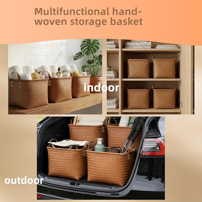 Storage Baskets 4-Pack - Woven Laundry Basket Organizer, 15x11x11Inch Open Hamper Bins for Clothes Blanket Storage,Shelf Closet Organization, 25L Handwoven Rattan Baskets for Home Decor