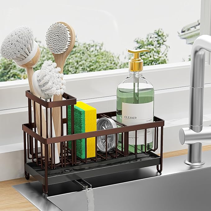 Cisily Brown Sponge Holder for Kitchen Sink, Sink Caddy Organizer with High Brush Holder, Kitchen Countertop Organizers and Storage Essentials, Rustproof 304 Stainless Steel, Soap Dispenser Organize