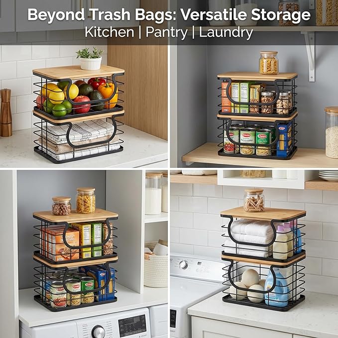 2-Pack Stackable Trash Bag Holder with Natural Fiber Top, Under Sink Garbage Bag Dispenser for Kitchen Storage & Organization, Multi-Use Wire Basket Organizer for Laundry Room & Pantry, Black