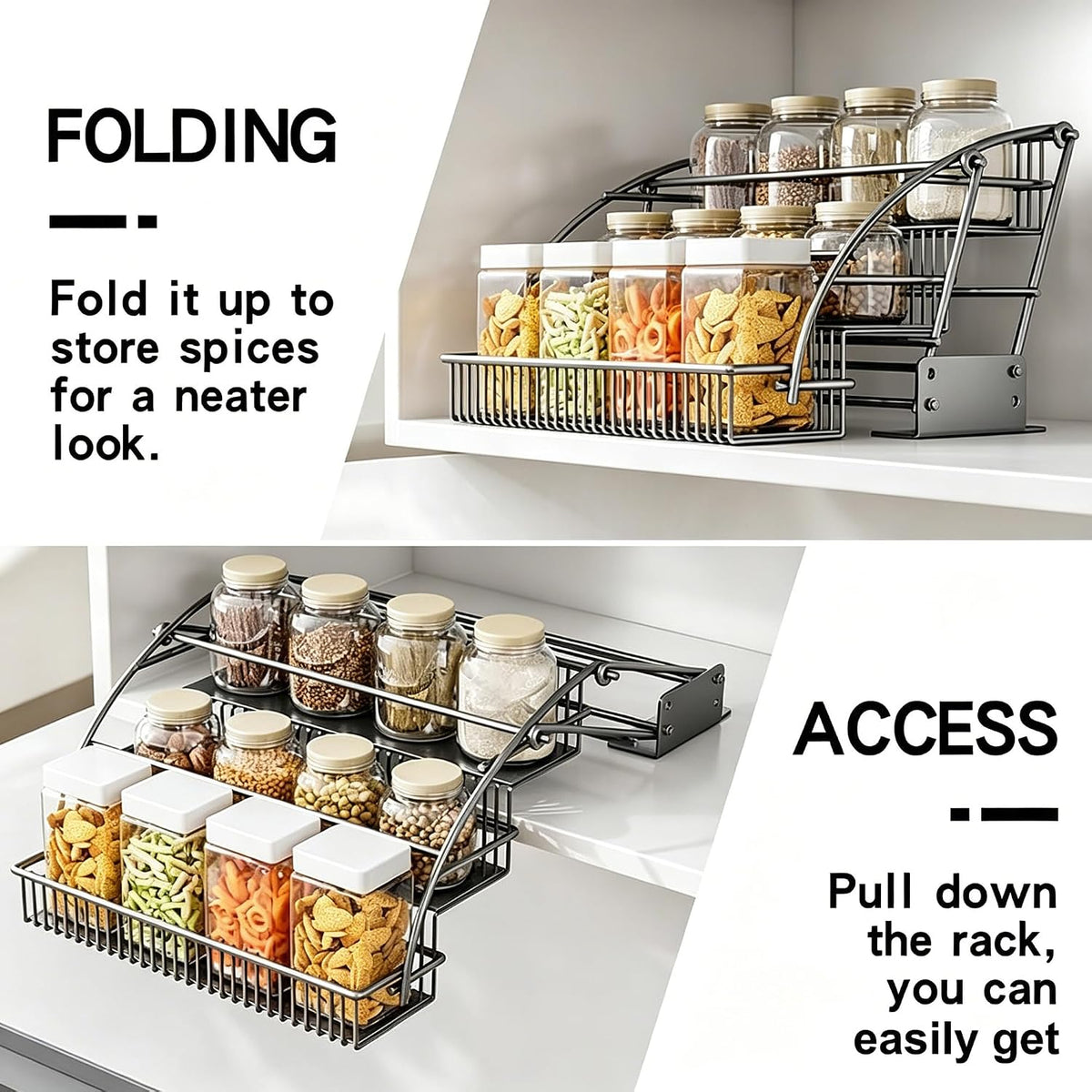 3-Tier Pull Down Spice Rack Organizer Expandable Pull-Out for Upper Cabinet Space-Saving for Inside Cabinet Expandable Display Riser Shelf Seasoning Shelf