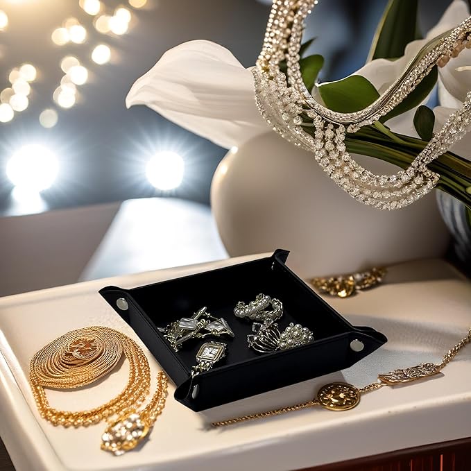 UnionBasic Small Valet Tray, Jewelry Tray for Rings Watches Earrings, Entryway Catchall Caddy for Coins Keys Change, Nightstand Bedside Valet Holder, Trays for Electronic Gadgets, Black