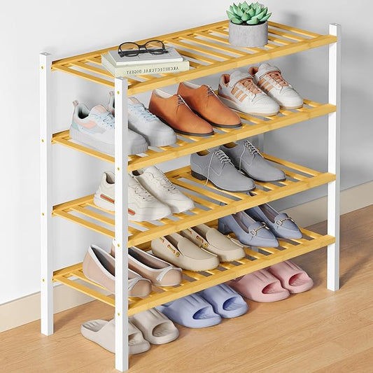 Smiry Bamboo Shoe Rack for Closet, 4 Tier Wooden Stackable Shoe Organizer, Free Standing Shoes Storage Shelf for Entryway, Front Door Entrance, Natural & White